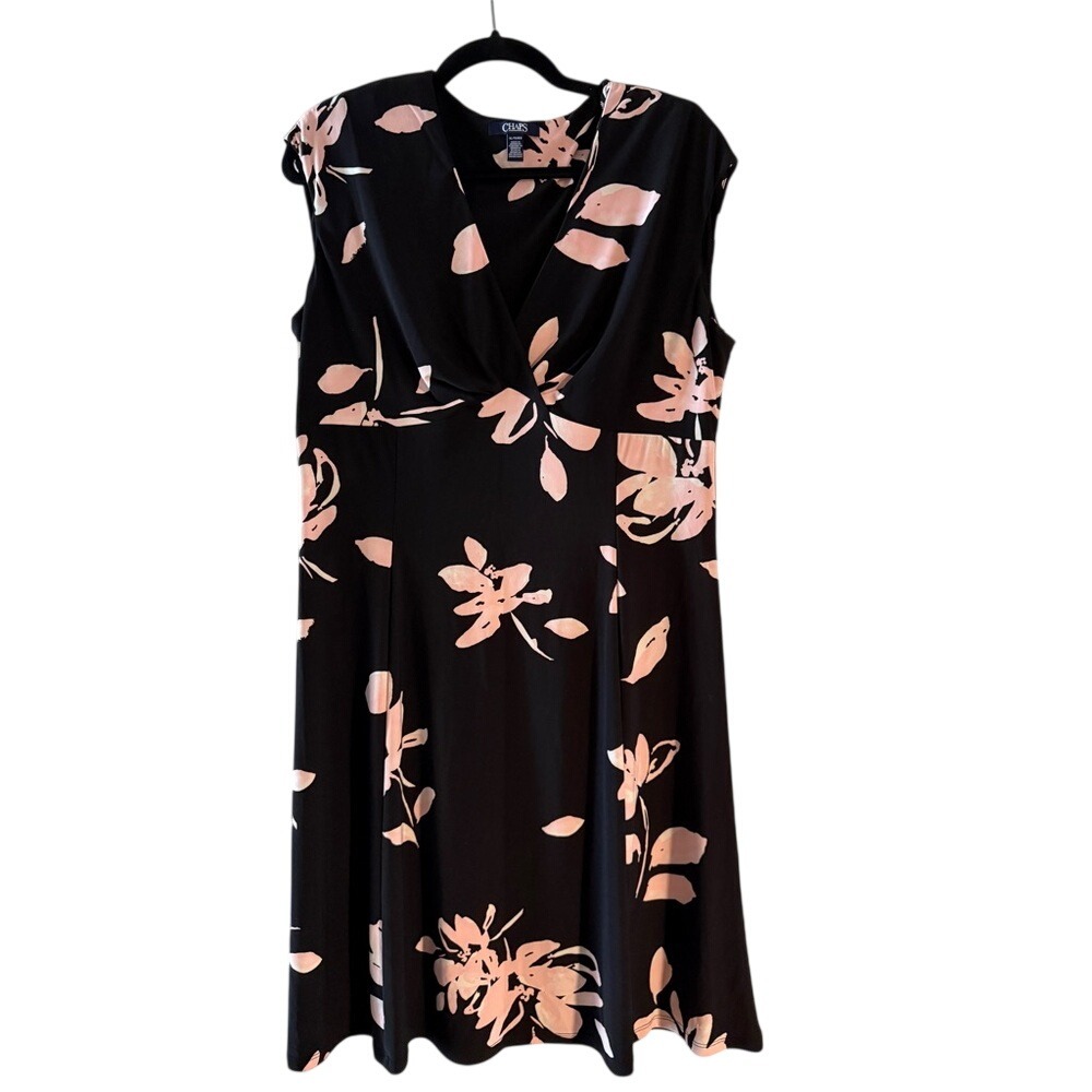 Chaps Blackā Pink Floral Sleeveless V Neck Faux Wrap Midi Dress Women XL